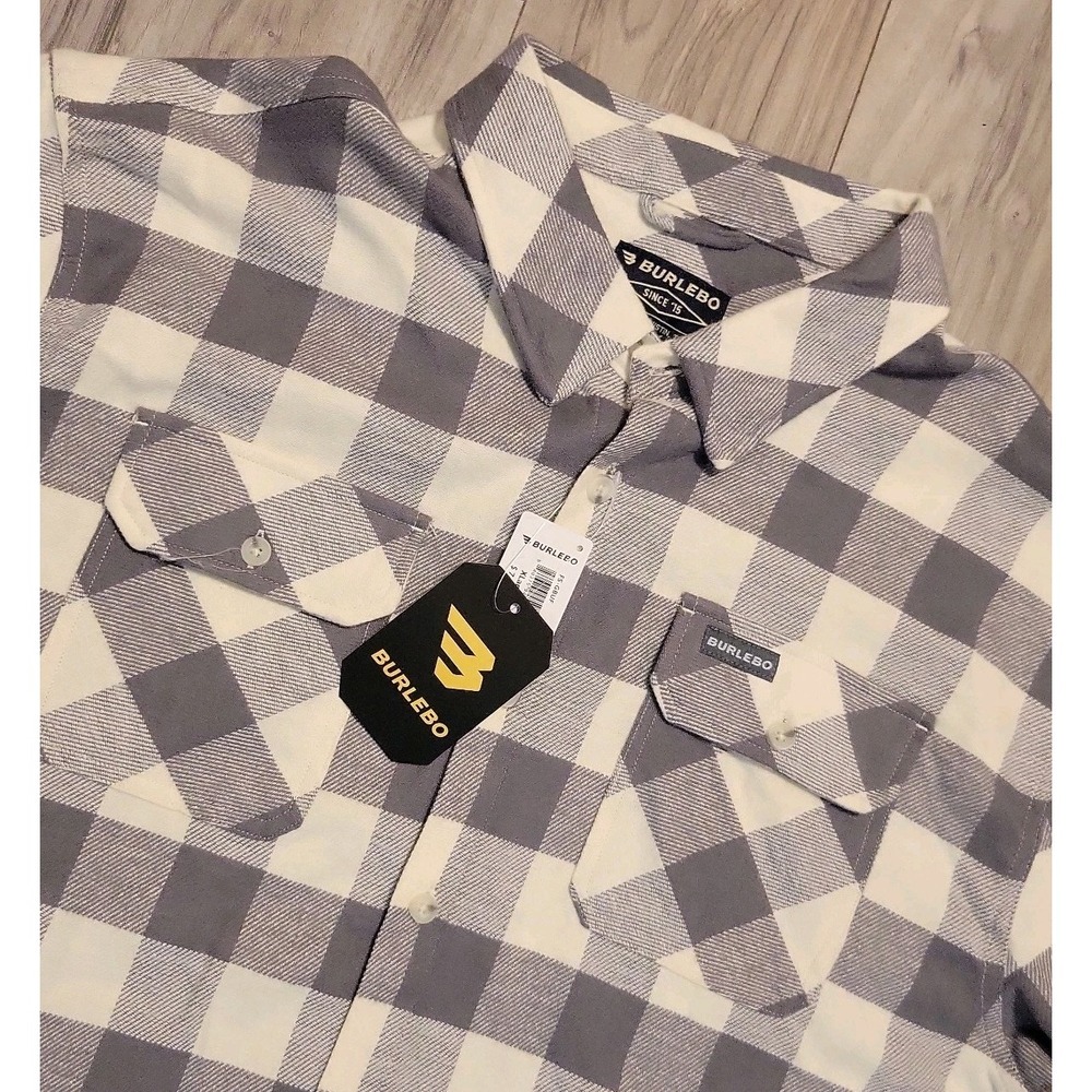 BURLEBO Flannel Shirt Mens XL Gray White Plaid Long Sleeve Button NEW